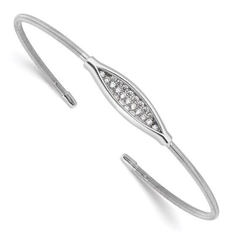 Sterling Silver Polished Rhodium-plated Textured CZ Cuff Bracelet